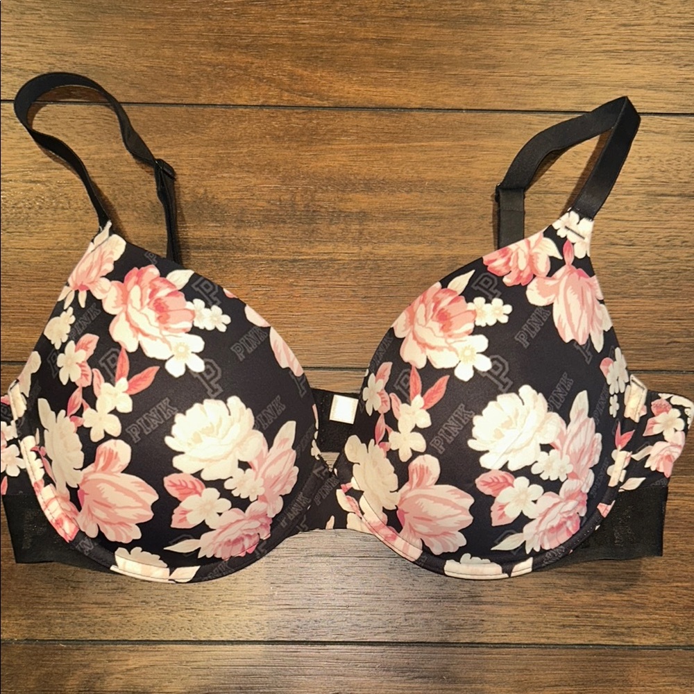 PINK Victoria's Secret Black and Pink Floral Bra Intimates